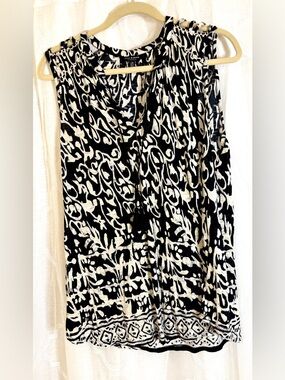 Lucky Brand Black White Boho Print Tank Top Large | Tassel Tie Peasant Blouse
